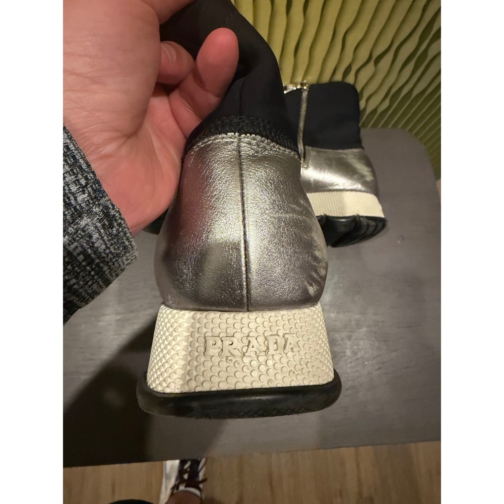 Prada Sport Silver Metallic Leather Black Neoprene Sock Sneaker Boots 10.5 40.5 - Picture 11 of 11